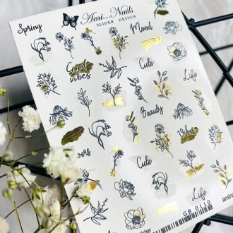 Ami-Nails, Слайдер-дизайн №110 «Надписи. Цветы. Веточки»